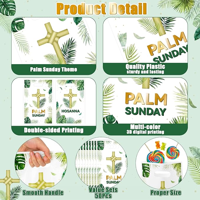 Palm Sunday Party Favor Bag - 50Pcs Religious Easter Treat Goodie Candy Gift Bags Holy Week Christian Cross Baptism Party Decoration for First Communion Sunday School Easter VBS Church Activities