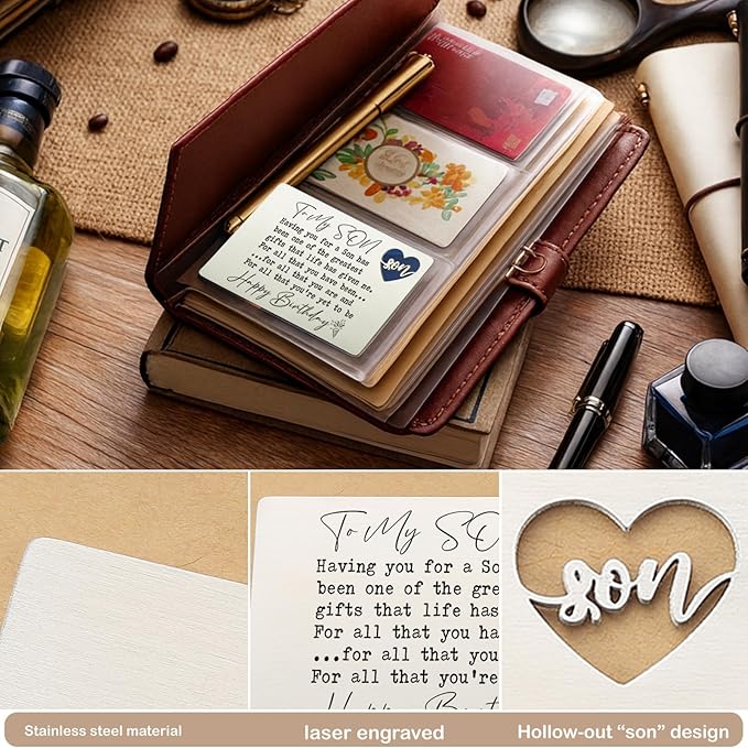To My Son Happy Birthday Wallet Insert Card, Stainless Steel Laser-Engraved Postcard with Heart Cutout, Sentimental Birthday Gift for Son from Mom and Dad, Inspirational Pocket Keepsake QBK04