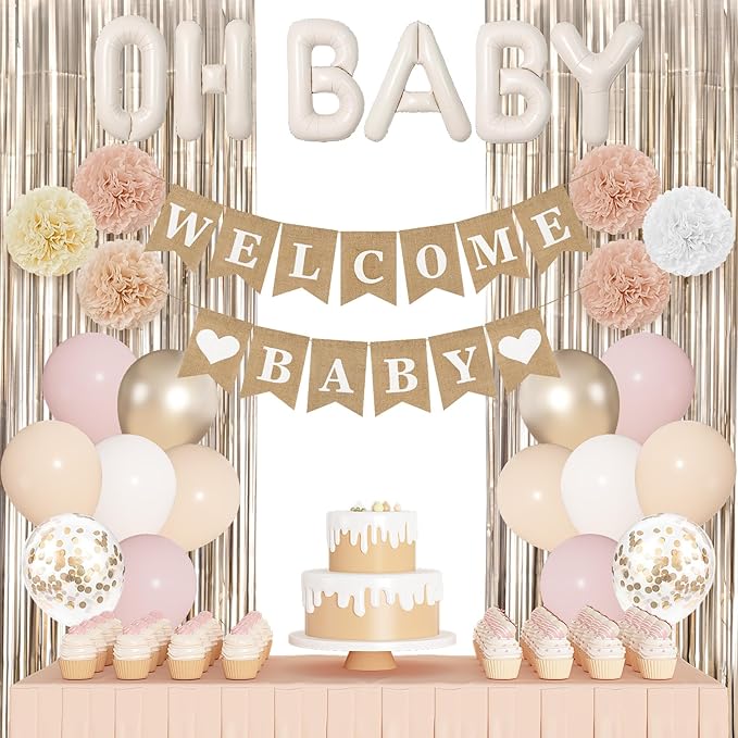 Ouddy Party Champagne Gold Boho Baby Shower Decorations for Girl with Welcome Baby Banner Dusty Pink White Nude Foil Balloons Fringe Curtain Paper Pom Poms for Baby Shower Gender Reveal Party Supplies