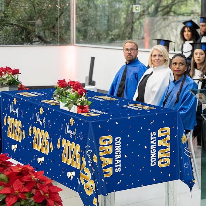 QZYL 4 Pack Graduation Decorations 2026, 54" x 108" Blue and Gold Disposable Graduation Table Cloths, Grad Party Decorations for Class of 2026, Rectangle Plastic Tablecloth for College Congrats Grad