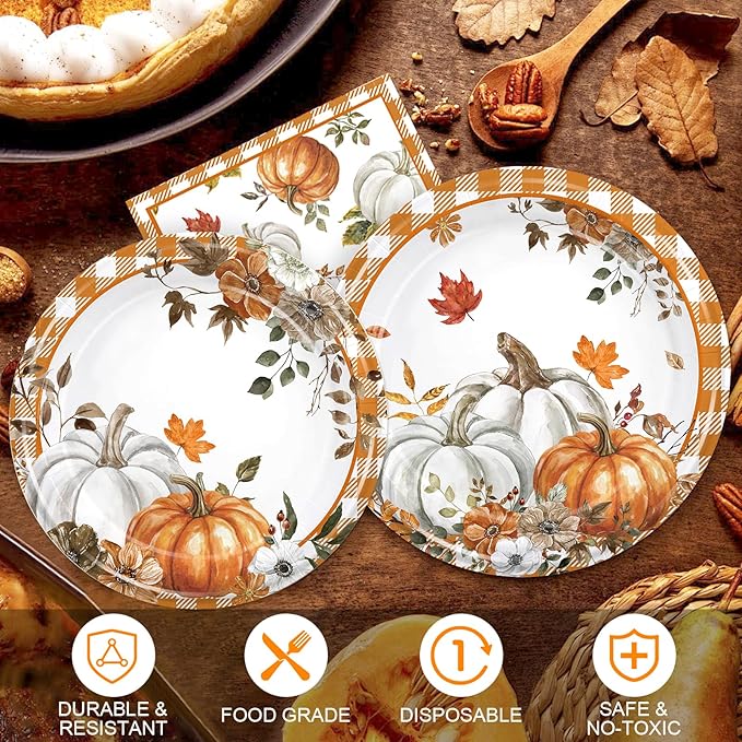 168PCS Fall Pumpkin Party Supplies for Birthday Baby Shower Autumn Watercolor Pumpkin Floral Party Decorations Thanksgiving Harvest Plates Cups Napkins Tableware for Bridal Shower 24 Guests