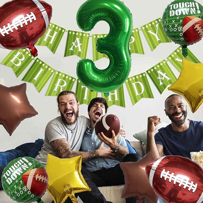 Football Balloons Foil Football Birthday Decorations Balloons Green Number 3 Balloon Gold Brown Star Touchdown Ballons for Rugby Birthday Decorations Sports Ballons Arch Kits Party Balloon Sets 9pcs