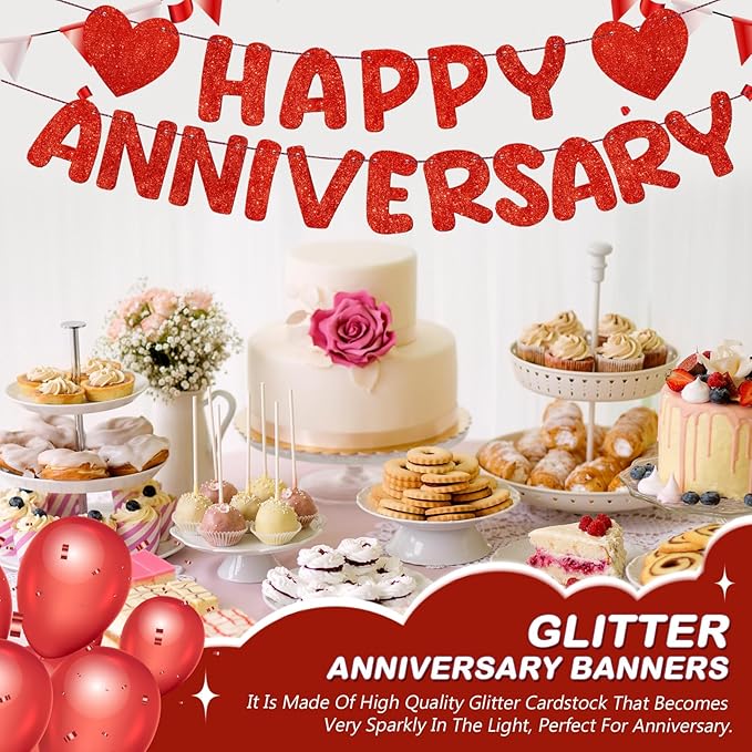 Fulmoon Happy Anniversary Banner Glitter Happy Anniversary Decorations Wedding Party Banner Romantic Decorations No DIY Pre-strung for Wedding Party Birthday Door(Red)