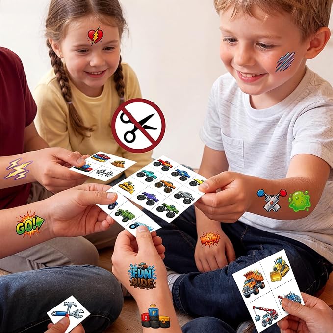 JCFIRE 96 PCS Monster Truck Temporary Tattoos for Kids Boys Age 4-7, Pre-cut Perforated No Scissors Needed, Diggers Construction Car Theme Birthday Party Favors Supplies Decorations Goodie Bag Stuffer