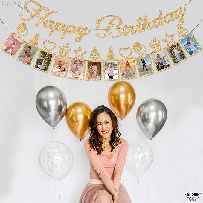 KatchOn, Glitter Gold Happy Birthday Photo Banner - Prestrung, 2 Strings, 10 Feet | Happy Birthday Banner with Photo for Gold Birthday Decorations