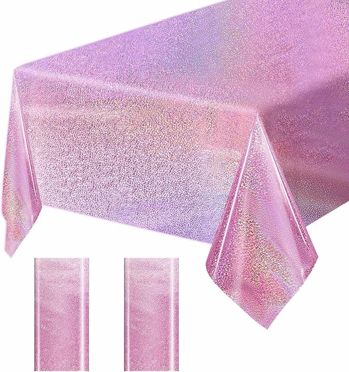 2 Pack Light Pink Iridescent Plastic Tablecloth Disposable 54 × 108 Inch Glitter Holographic Foil Table Cloth Plastic Laser Rectangle Table Cover for Birthday Wedding Disco Party