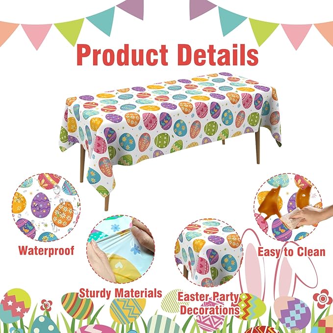 Easter Tablecloth, 6 Pack Colorful Easter Eggs Table Cloth, 54x108 Inch Plastic Disposable Rectangle Spring Table Cover for Easters Tables Decorations Outdoor Picnic Home Kitchen Dinner Party Supplies