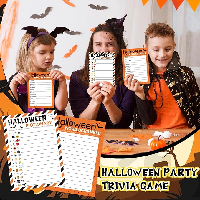 COCHIE 30 Players Halloween Party Games for Adults Family Office Large Groups, Words Pictionary Game, Guesstures Game, Word Scramble Games with Answer Key (Halloween Orange)