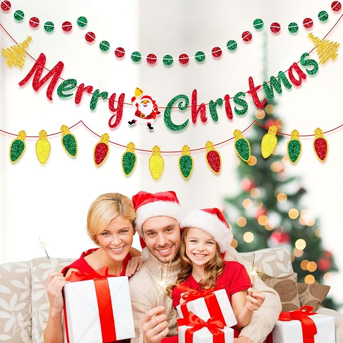 Christmas Banner Decorations - Glitter Merry Christmas Banner - Christmas Decorations, Indoor/Outdoor Party Supplies for Holiday Decor, Home, Office, Classroom, Fireplace and more