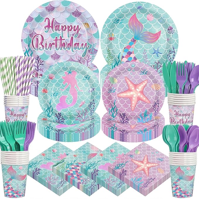 450 Pcs Mermaid Birthday Party Tableware Set Decorations Mermaids Paper Plates Napkins Cups Cutlery Straws for Girls Ocean Under the Sea Themed Birthday Party Supplies, Serves 50