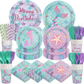 450 Pcs Mermaid Birthday Party Tableware Set Decorations Mermaids Paper Plates Napkins Cups Cutlery Straws for Girls Ocean Under the Sea Themed Birthday Party Supplies, Serves 50