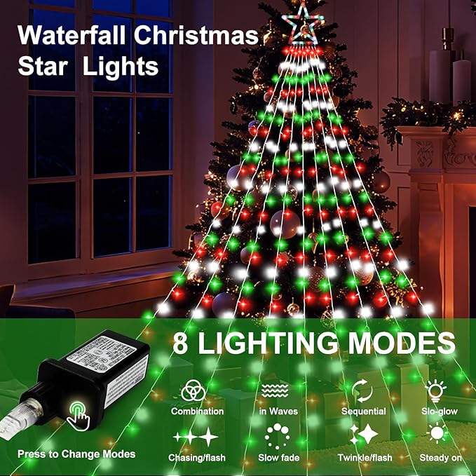 Christmas Decoration Lights, Outdoor Christmas String Lights 320 LED 11.5 Ft Waterfall Tree Light with Big Star Topper 8 Light Modes for Xmas New Year Holiday Garden Yard Indoor Outdoor Decor