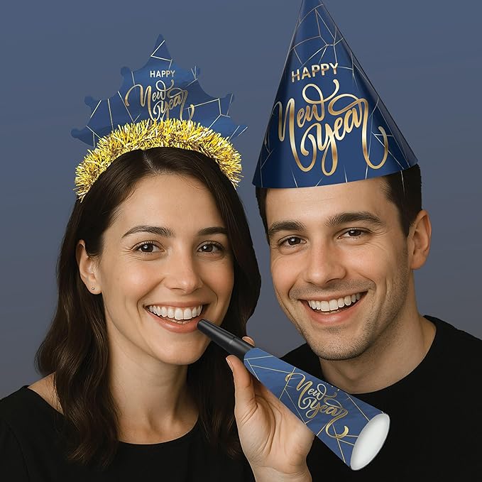 Beistle Midnight Blue New Year Party Kit for 10 – Celebration Set of NYE Accessories, Cone Hats, Fringed Tiaras & Foil Horns, Elegant Metallic Navy & Gold New Year’s Eve Countdown Headwear Supplies