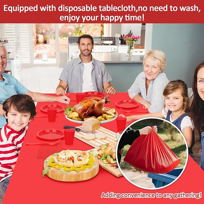 Red Plastic Plates Tableware Set - 50 Guest - 7&9inch Plates,Napkins,Forks,Cups & Tablecloths,Disposable Party Supplies for Birthday,BBQ,Christmas