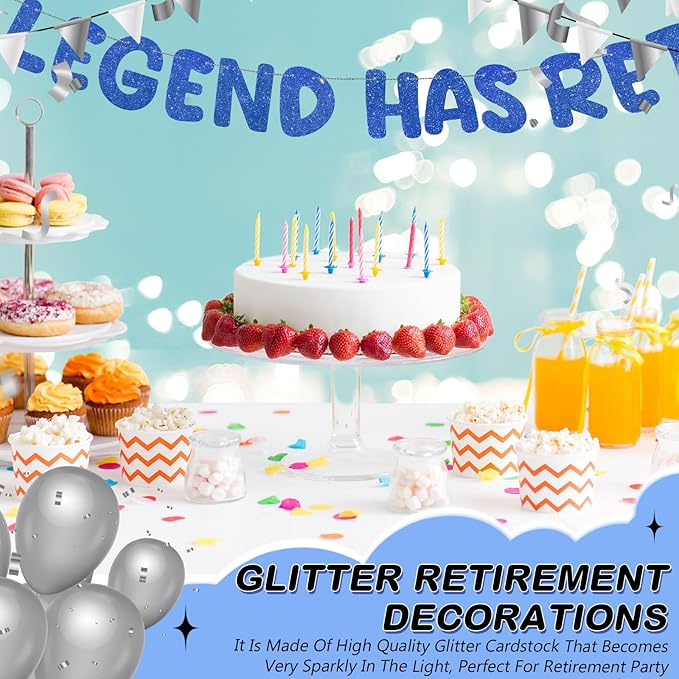 Fulmoon Pre Strung the Legend Has Retired Glitter Banner 9.8 ft Retirement Banner Retirement Party Decorations Garland Bunting for Men Women Gifts, No DIY(Blue)