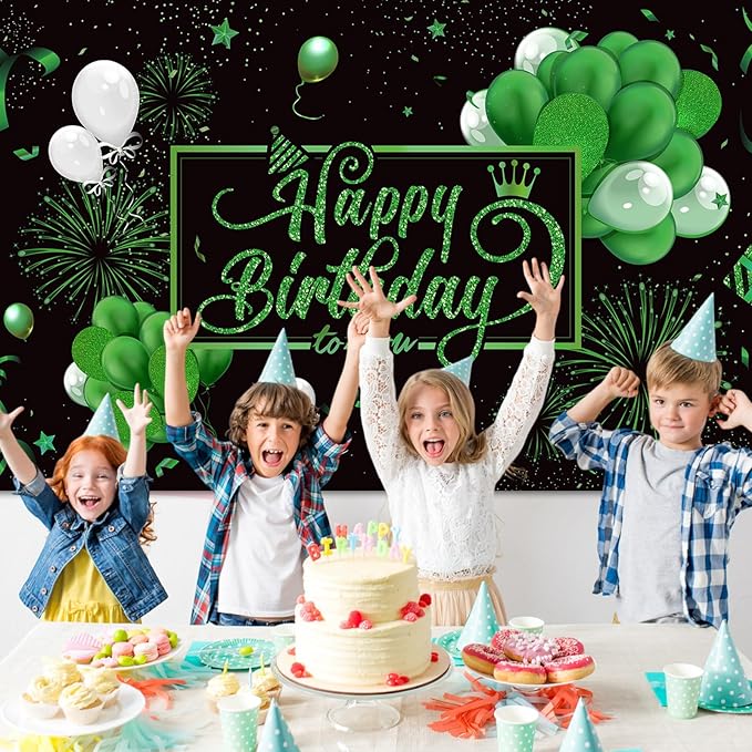 Blulu Happy Birthday Backdrop Banner Sign Poster Large Fabric Glitter Balloon Fireworks Sign Photo Backdrop Background for Birthday Party Decoration Supplies, 72.8 x 43.3in(Green)