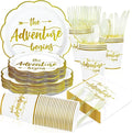 168Pcs The Adventure Begins Party Decoration Disposable White Gold Engagement Plates and Napkins Retirement Party Tableware Set For Graduation Retirement Wedding Bridal Shower Bachelorette Supplies