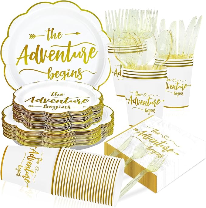 168Pcs The Adventure Begins Party Decoration Disposable White Gold Engagement Plates and Napkins Retirement Party Tableware Set For Graduation Retirement Wedding Bridal Shower Bachelorette Supplies