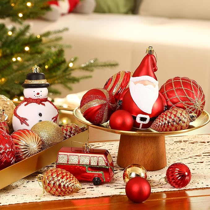 Alupssuc 100 Pcs Christmas Ball Ornaments Set, Santa Claus and Snowman Christmas Decoration Baubles for Indoor Outdoor Holiday Wedding Party Decoration Tree with Hanging Rope, Red & Gold
