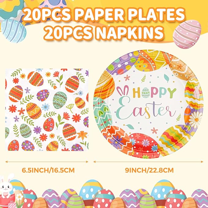 Easter Paper Plates and Napkins Set | 9 Inch Disposable Dinner Plates & Napkins for Easter Brunch, Dinner, and Party Supplies | Festive Bunny & Egg Design Tableware,Serve for 20