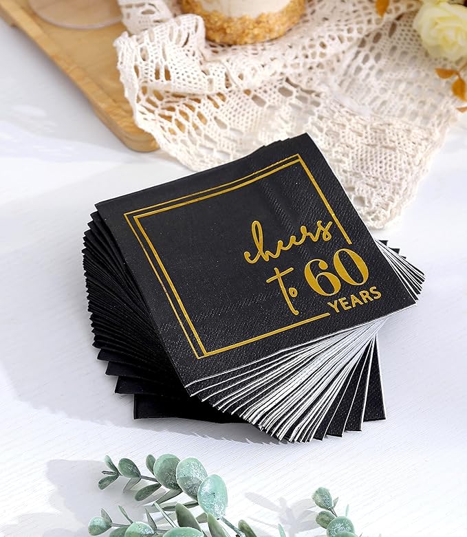 Cheers to Years Cocktail Napkins - 50 PK - 3-Ply Birthday Napkins 5x5 Inches Disposable Party Napkins Beverage Paper Napkins or Birthday Decorations Wedding Anniversary Black and Gold (60 Years)