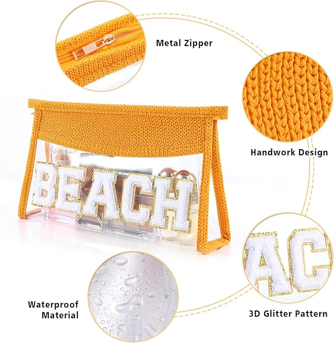 Beach Pouch Sunscreen Clear Makeup Bag Chenille Letter Beach Cosmetic Pouch Summer Essential Cute Toiletry Pouch Travel Accessories Gifts for Women