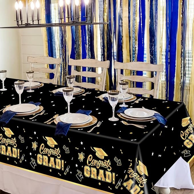2-Piece 54 x 108 Inch Graduation Plastic Tablecloth – Graduation Disposable Rectangle Table Covers with “Congrats Grad” Design for Class of 2026 Party, School and Home Decorations