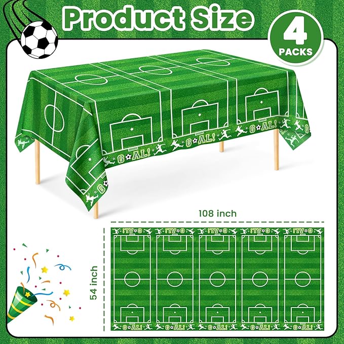 Mulbozy 4 Pcs Soccer Tablecloths Disposable, 54 × 108 Inch Soccer Party Decorations Table Cloth, Plastic Sports Table Cover for Picnic Birthday Party Supplies Decoration