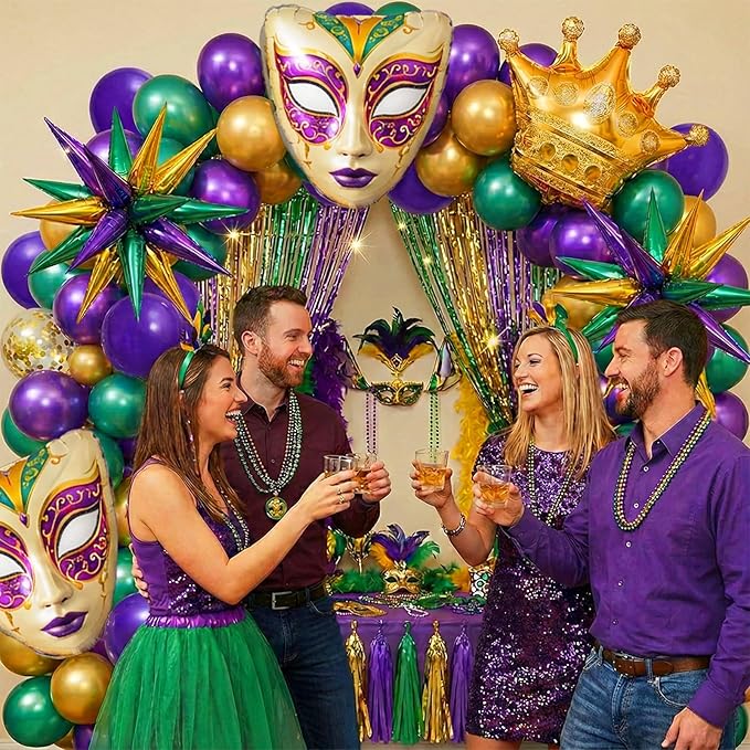 Mardi balloon garland arch kit Purple green gold with star Crown and Crown Mask Balloons for Gorgeous Funny Grand Fat Tuesday Party decorations