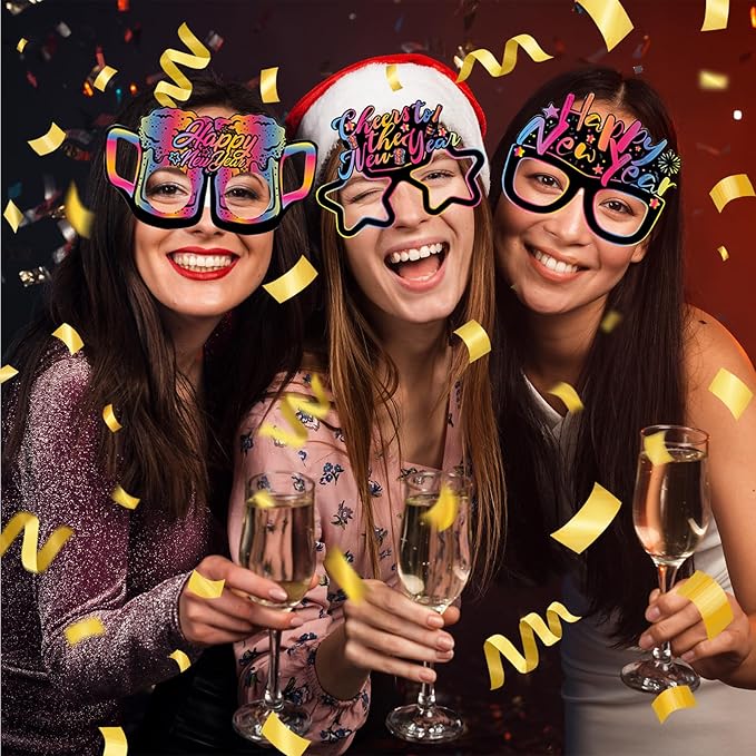 12PCS New Year Glasses, Funny New Years Eve Party Paper Glasses Photo Booth Props 2026 Eyeglasses Frames for NYE Party Supplies Decorations 2026