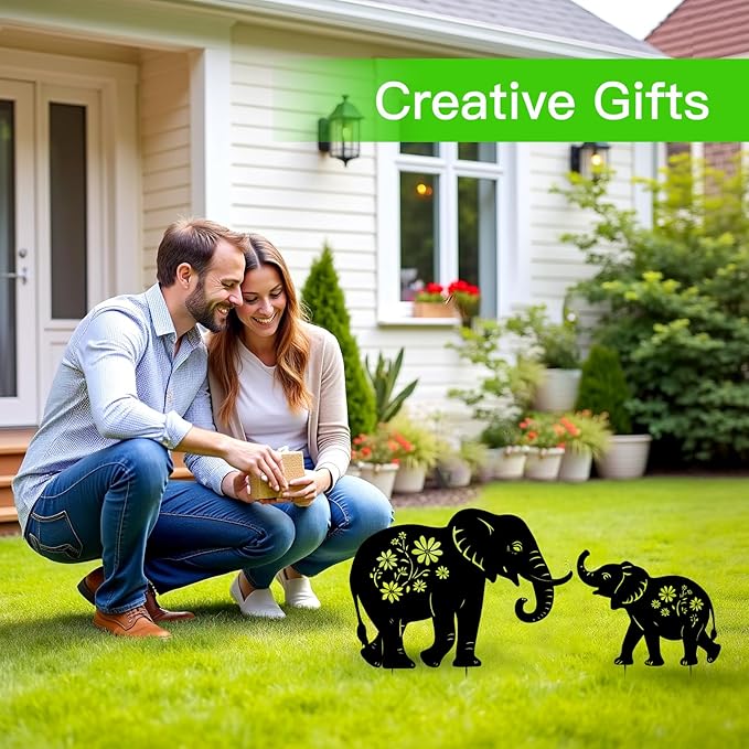 Elephant Metal Garden Stakes Decorative, Gifts for Women/Men/Elephant Lovers, Black Silhouette Statues Spring Outdoor Decorations for Garden, Yard, Lawn, Pathway,Patio,Outside