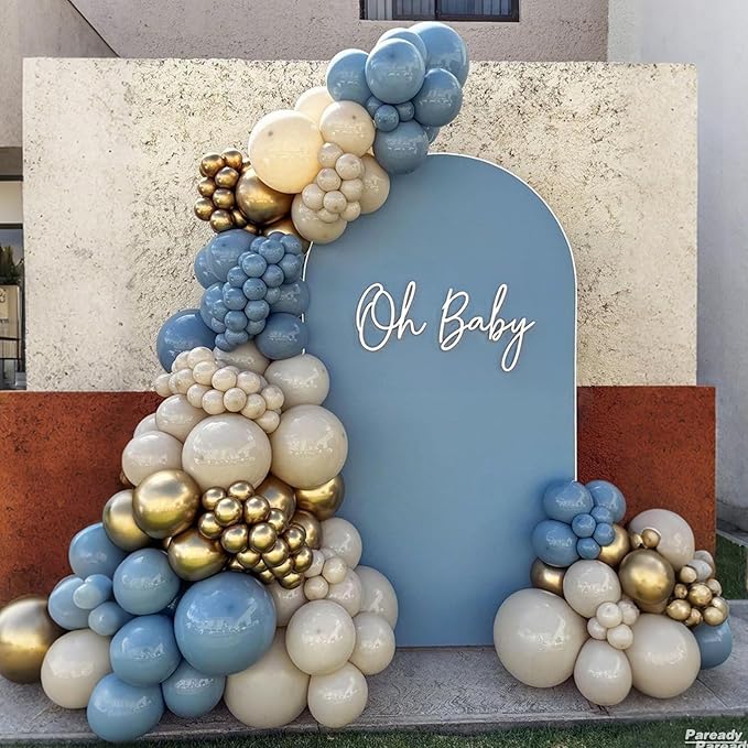 Dusty Blue Balloon Arch Kit, 120pcs Blue White Balloon Garland Kit, Metallic Sand Gold Balloons Different Sizes For Baby Shower Birthday Engagement Party Wedding Bachelorette Bridal Shower Decor