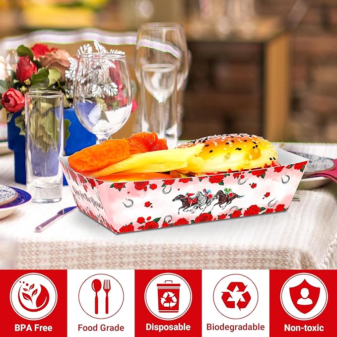 100 PCS Derby Paper Food Trays, Large Capacity Snack Trays Derby Decorations, Run for The Roses Disposable Plates, Kentucky Horse Themed Party Decorations for Table Decor Supplies
