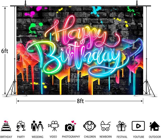 Imirell Neon Happy Birthday Backdrop 8Wx6H Feet Glow in The Dark Graffiti Brick Wall Funny Colorful Painting Polyester Fabric Cool Boys Photography Backgrounds Photo Shoot Decor Props Decoration