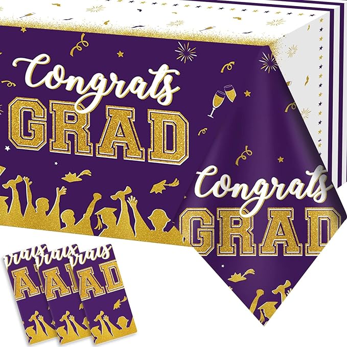 chiazllta Set of 3 Graduation Tablecloths Class of 2026 Congrats Grad Purple Graduation Party Tablecover Decorations Party Supplies Large Size Plastic 54"x108"(Purple & Gold)
