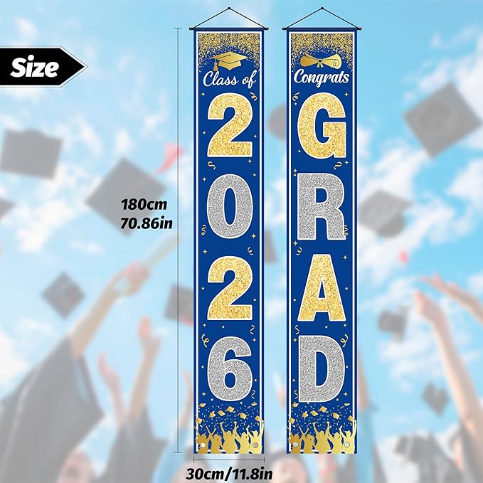 OHOME Graduation Decorations 2026 - Blue Gold Congrats Grad Porch Banner for Graduation Party Decorations - Class of 2026 - Party Favors Supplies Backdrop Yard Signs Decor (Blue)