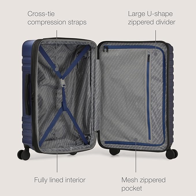U.S. Traveler Boren Expandable Hardside Rugged Travel Luggage with 8 Spinner Wheels, Navy, Carry-on 22-Inch