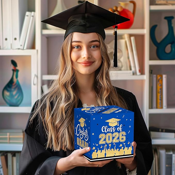 Graduation Card Box 2026 - Congrats Grad Card Boxes Holder, Blue and Gold Class of 2026 Graduation Gift Cards Box for Graduation Party Decorations 2026 Favors Decor Supplies Props,9x 9 x 9 inches