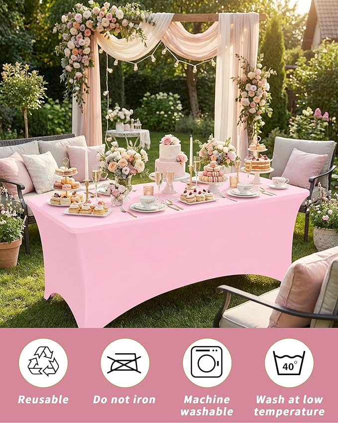 Fixwal 3 Pack Pink Table Cloths Rectangle 8FT, Tablecloths Rectangular Stretch Spandex Fitted Table Covers 8ft for Parties, Trade Shows, Banquet, Weddings, Buffet, Graduation