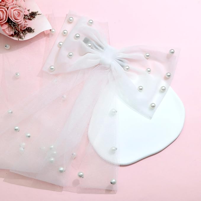 White Short Wedding Veil Pearl Rhinestone Bride Veils Bridal Veils Bachelorette Party Veil for Brides and Women