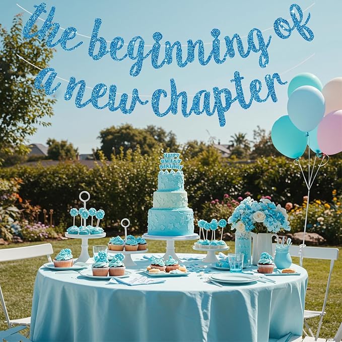 BEISHIDA Glitter Sky Blue The Beginning of A New Chapter Banner,Farewell Book Themed Housewarming Party Congratulations Decorations,Going away party Garland,Graduation Sign 2026 Banner,retirement Supplies