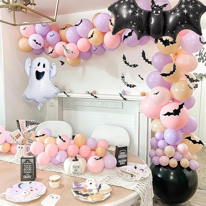 Pink Purple Halloween Balloon Arch Garland Kit, 125pcs Pastel Witch Halloween Balloon with Bat & Cute Ghost Foil Balloons for Girls Baby Shower halloween Boo Spooky Season Indoor Party Decorations