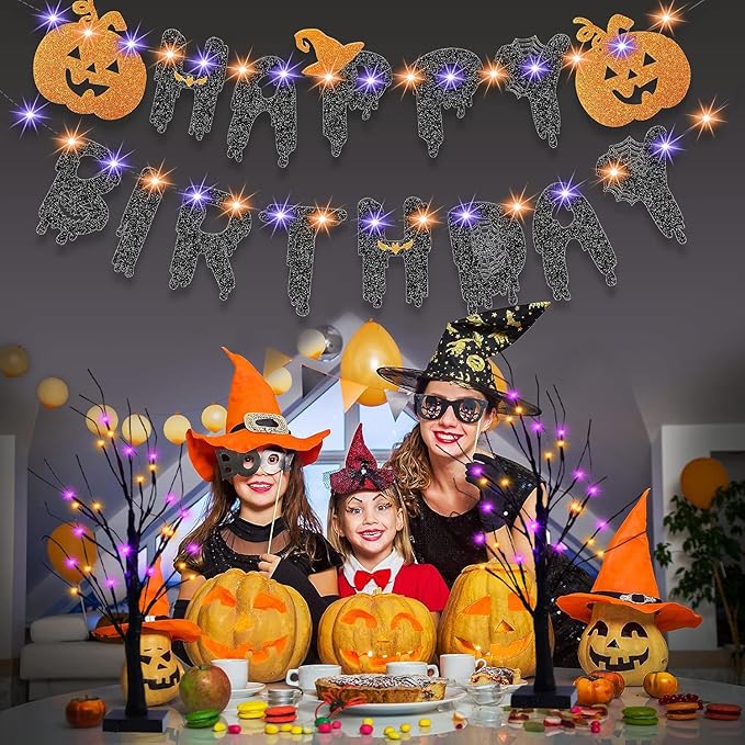 2 Pack 24 Inch Halloween Black Spooky Tree with Orange & Purple Lights, USB&Battery Operated Tabletop Halloween Black Tree with Timer for Indoor Home Holiday Party Decorations