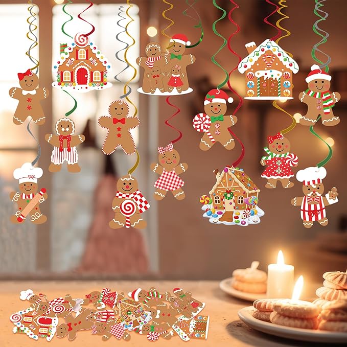 30pcs Gingerbread Party Decorations Hanging Swirls Christmas Gingerbread Streamers Decor for Christmas Birthday Party Supplies