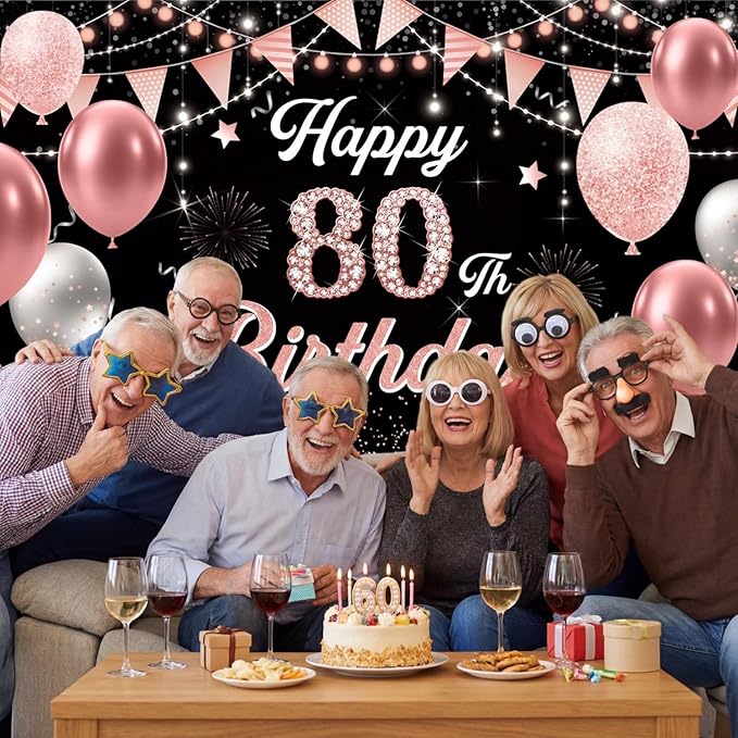 80th Birthday Decorations for Women - Happy 80th Birthday Banner Decorations Cheers to 80 Years Birthday Party Indoor and Outdoor Decoration Suppiles Pink Backdrop for 80th Birthday Party Favors Decor