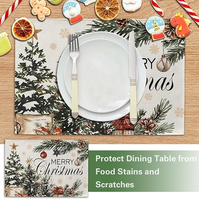 Merry Christmas Tree Placemats Set of 4, Xmas Balls Gifts Pine Branches Dining Place Mats Table Decor, Winter Holiday Gold Snowflake Home Kitchen Decoration 12 x 18 Inches