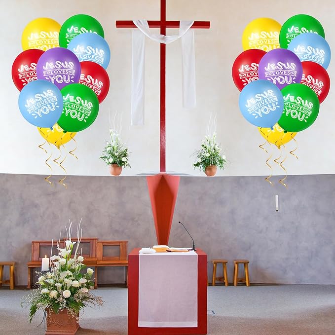 Gejoy Jesus Loves You Balloon 12 Inch Latex Christian Religious Jesus Balloon Party Decor for He Is Risen Party Decor Favor Cross Church Event Birthday Sunday Supplies(Bright Colors,60 Pcs)