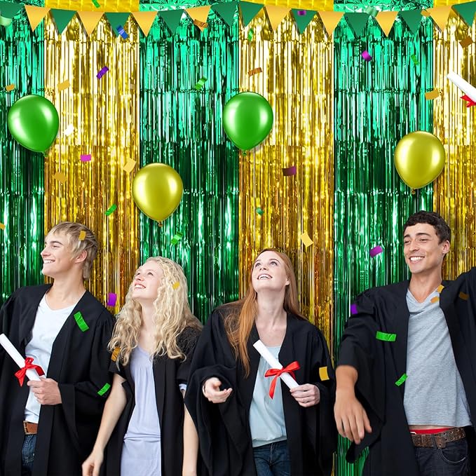 6Pack 3.3Ft x 6.6Ft Graduation Foil Fringe Curtain Backdrop Decorations, Green Gold Metallic Tinsel Foil Streamers Curtain Photo Booth Background for Graduation Prom Wedding Birthday Party Decoration