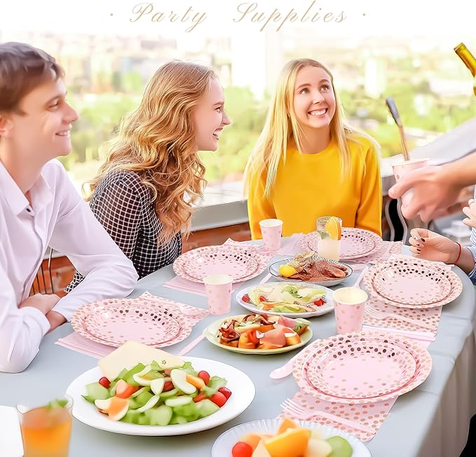 Pink and Rose Gold Dots Plates Set for 24 Guests, 168PCS Disposable Dinnerware,Party Supplies Paper Plates Napkins Cups Pink Cutlery for Birthday Baby Shower Wedding Graduation Retirement Anniversary
