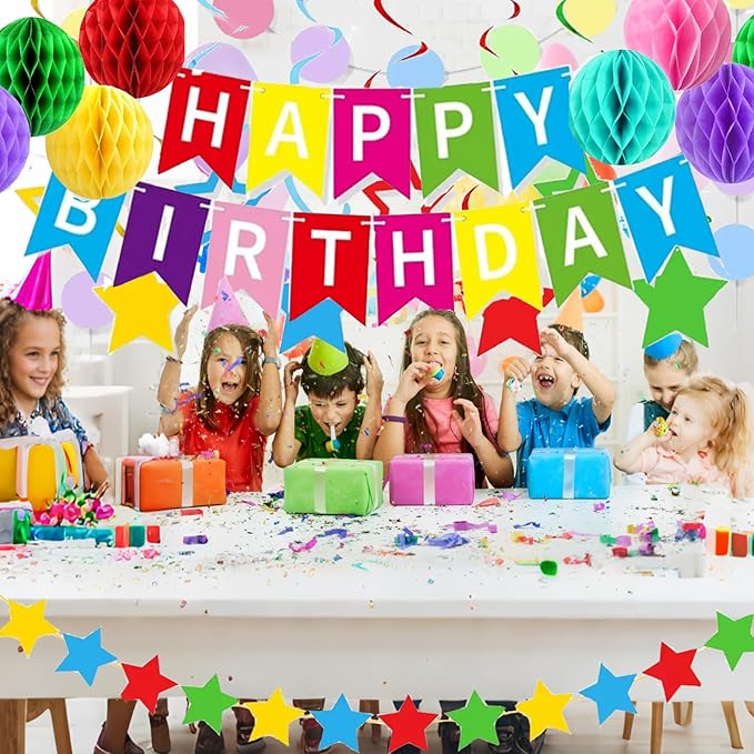 Colorful Rainbow Birthday Party Decorations Kit with Honeycomb Balls, Rainbow Stars Hanging Swirl Streamers, Circle Dots Garland, Happy Birthday Party Decorations for Women Men Boys Girls